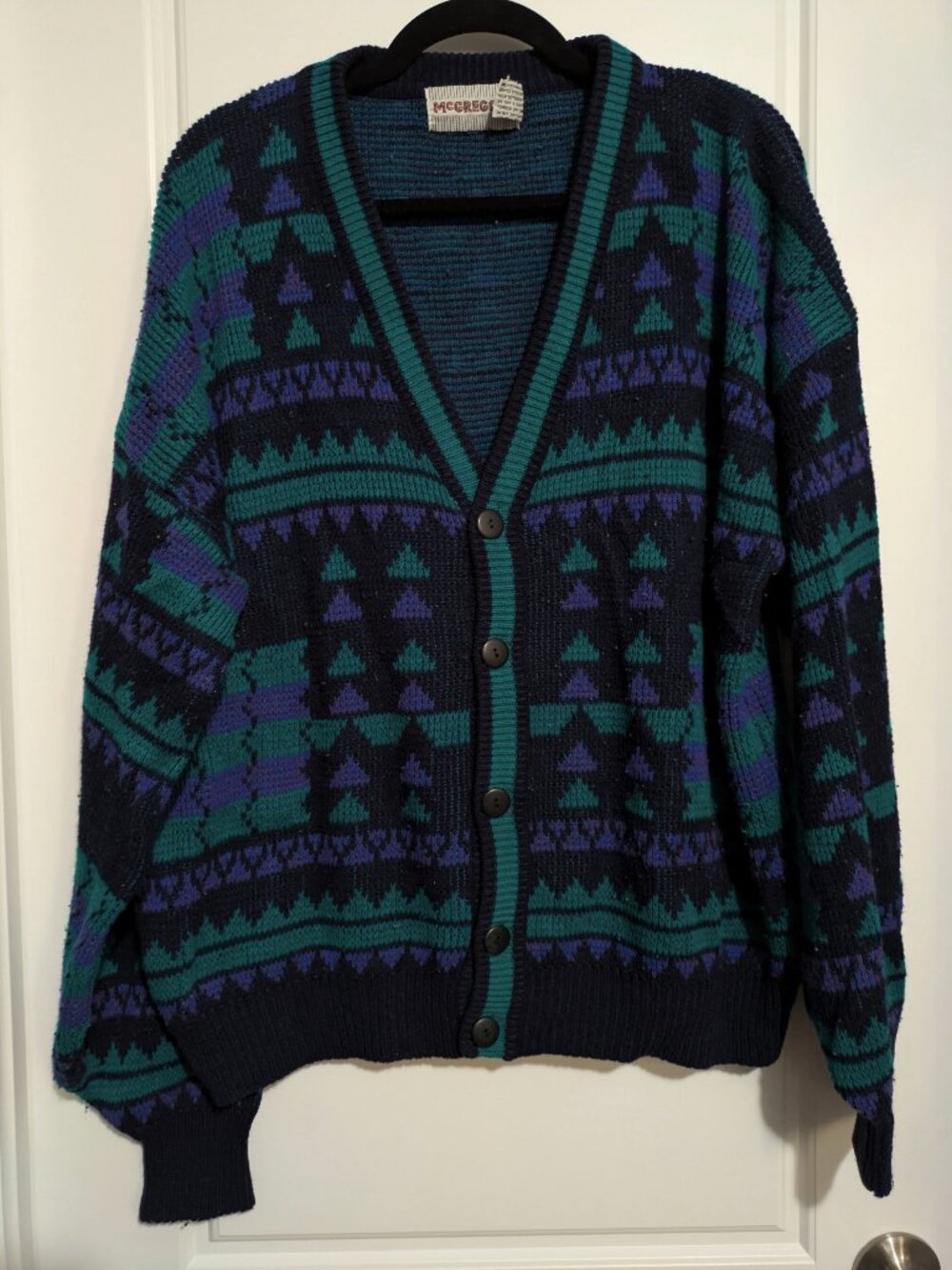 Vintage McGregor (from the 1960-1980s) Teal/Blue/Black Knit Cardigan (US L)